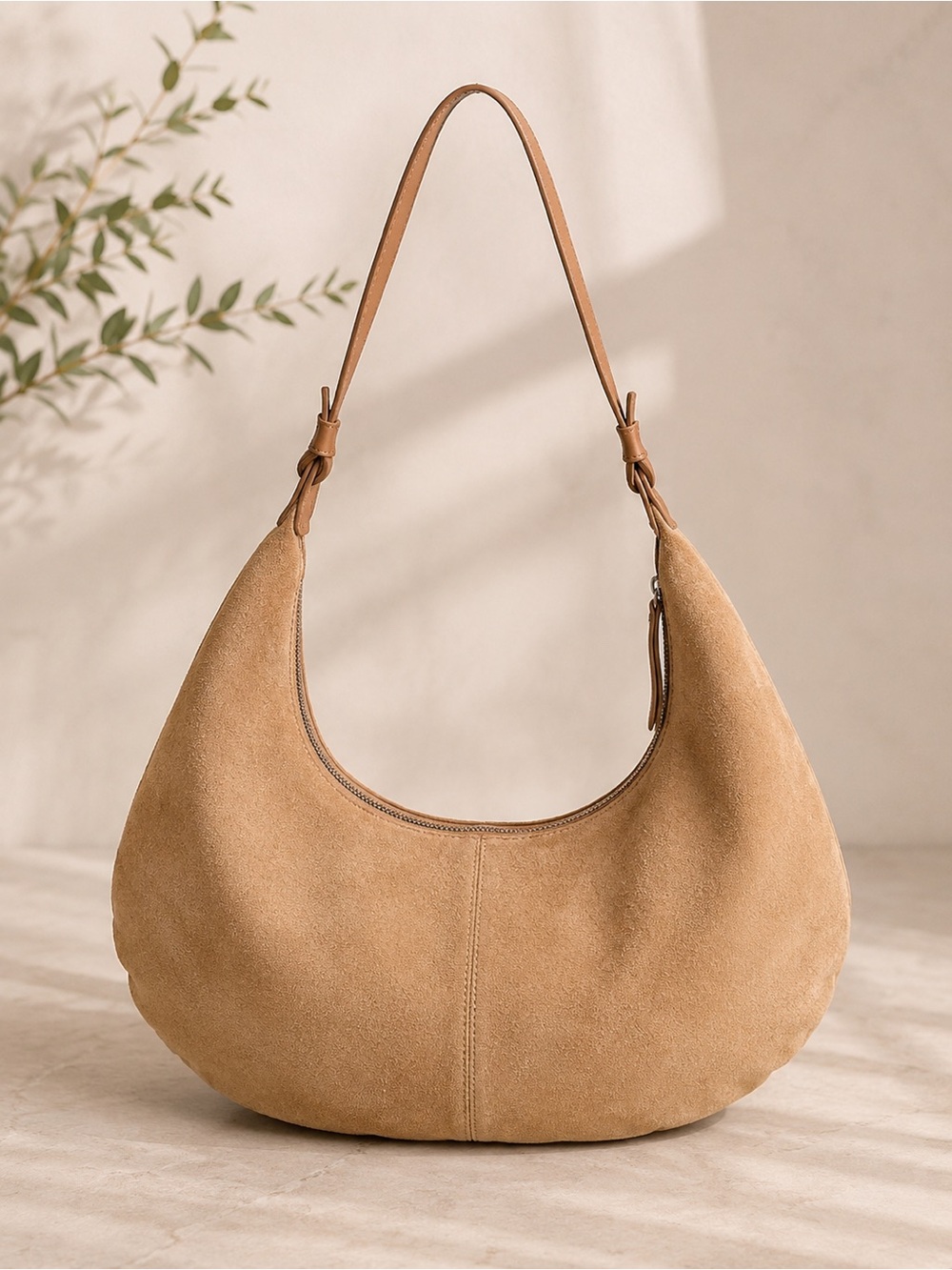 GENICCI Tan Suede Crescent Hobo Bag Slouchy Boho Shoulder Purse Large